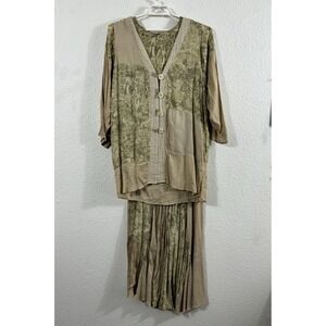 Vintage URU 3 Piece Skirt Set Womens One Size Green Beige Lagenlook Made USA 90s